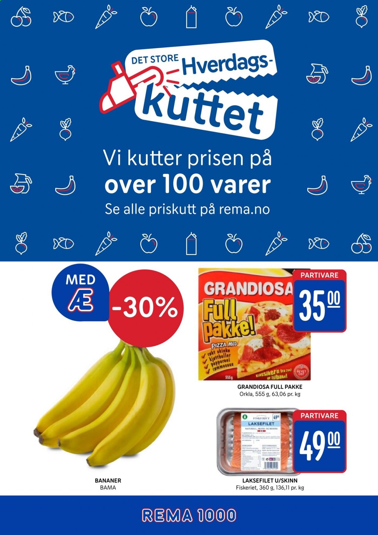 thumbnail - Kundeavis Rema 1000 - 9.8.2021 - 22.8.2021 - Produkter fra tilbudsaviser - bananer, laksefilet, pizza, skinke, pepperoni, ost. Side 1.