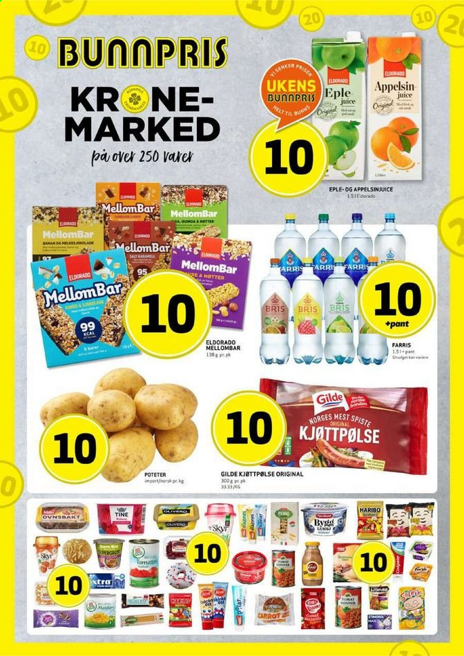 thumbnail - Kundeavis Bunnpris - 9.8.2021 - 15.8.2021 - Produkter fra tilbudsaviser - kjøttpølse, appelsinjuice. Side 1.