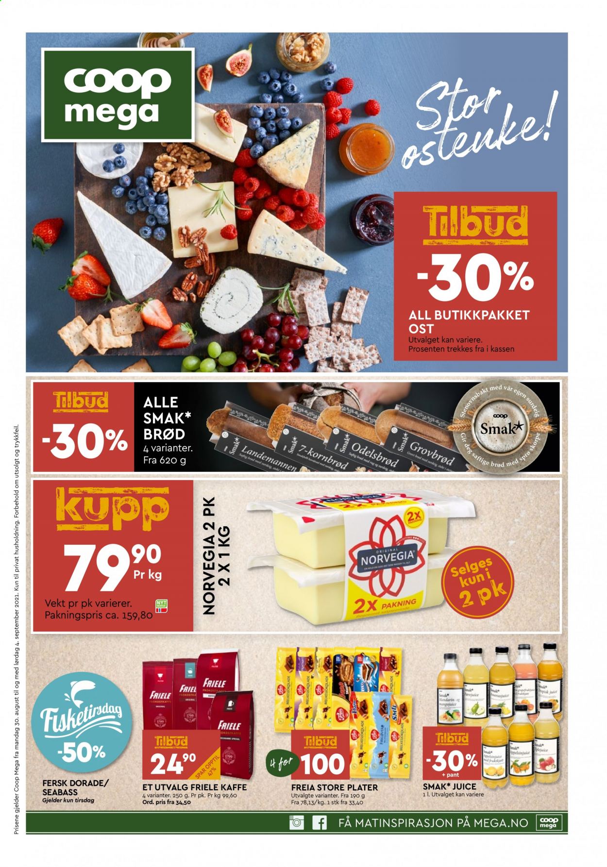 thumbnail - Kundeavis Coop Mega - 30.8.2021 - 4.9.2021 - Produkter fra tilbudsaviser - brød, Norvegia, ost, Freia, surdeig. Side 1.