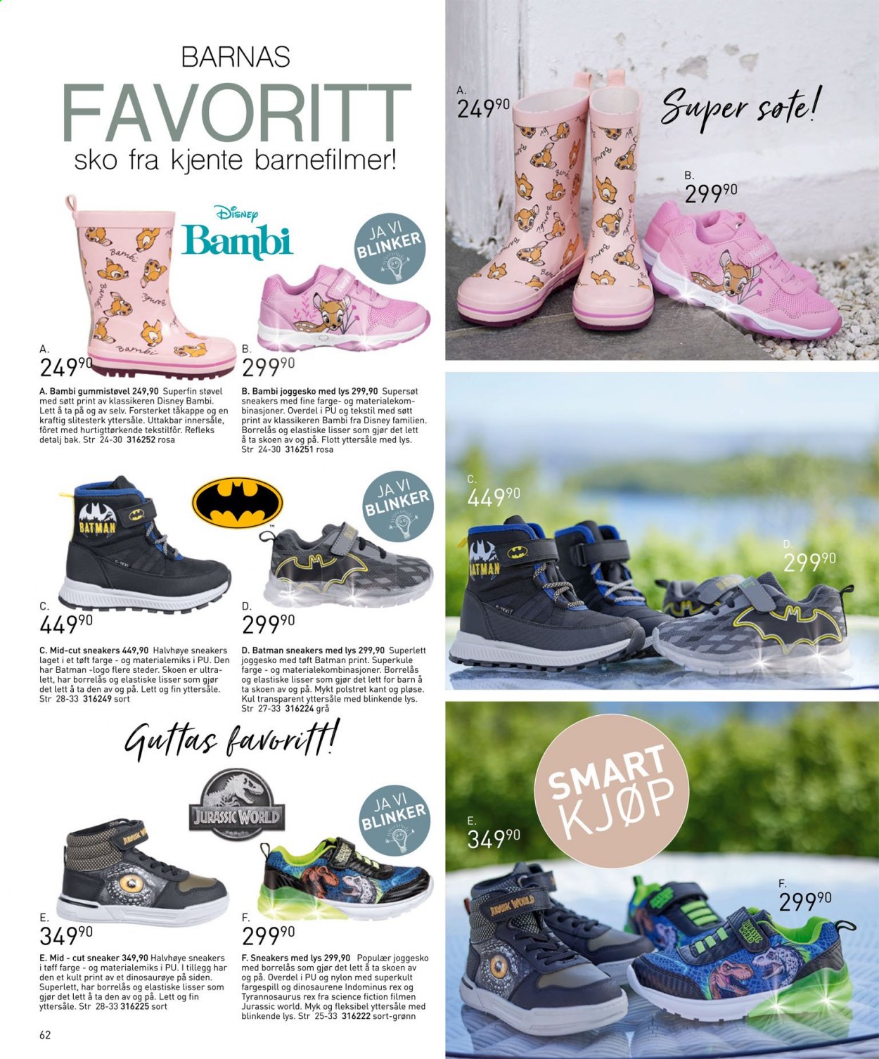 thumbnail - Kundeavis Sparkjøp - Produkter fra tilbudsaviser - Disney, Batman, Jurassic World, sneakers, gummistøvler, sko, joggesko, sneaker. Side 62.