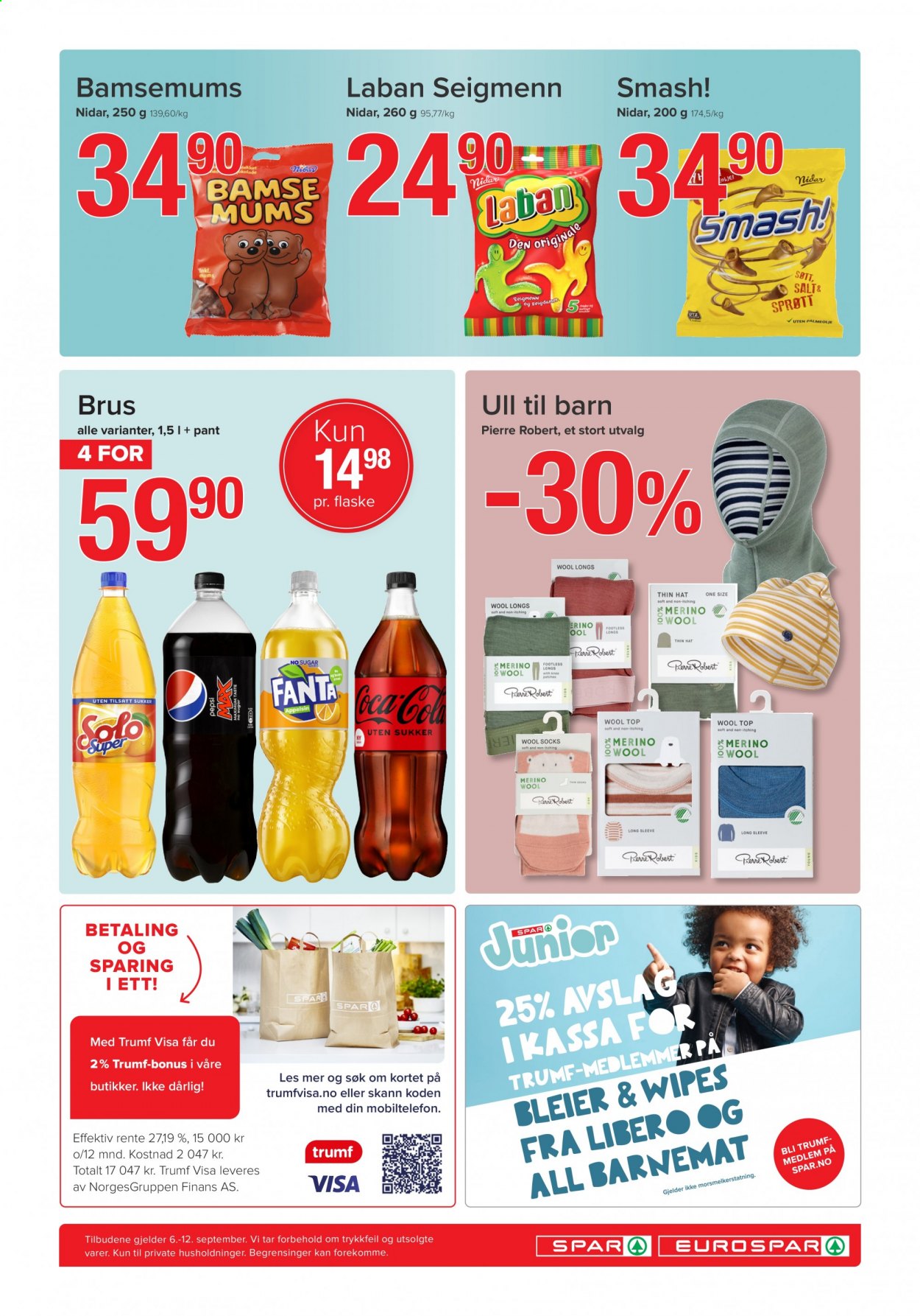 thumbnail - Kundeavis SPAR - 6.9.2021 - 12.9.2021 - Produkter fra tilbudsaviser - Fanta, Coca-Cola, bleier, hat. Side 8.