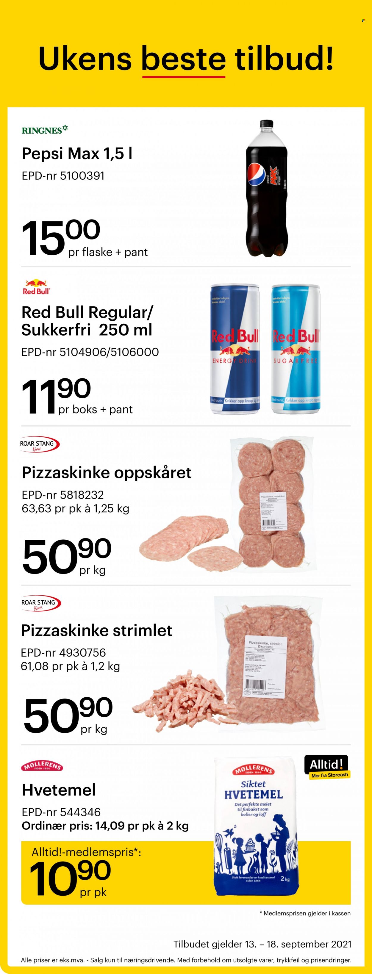 thumbnail - Kundeavis Storcash - 13.9.2021 - 18.9.2021 - Produkter fra tilbudsaviser - loff, hvetemel, Red Bull, energy drink. Side 1.