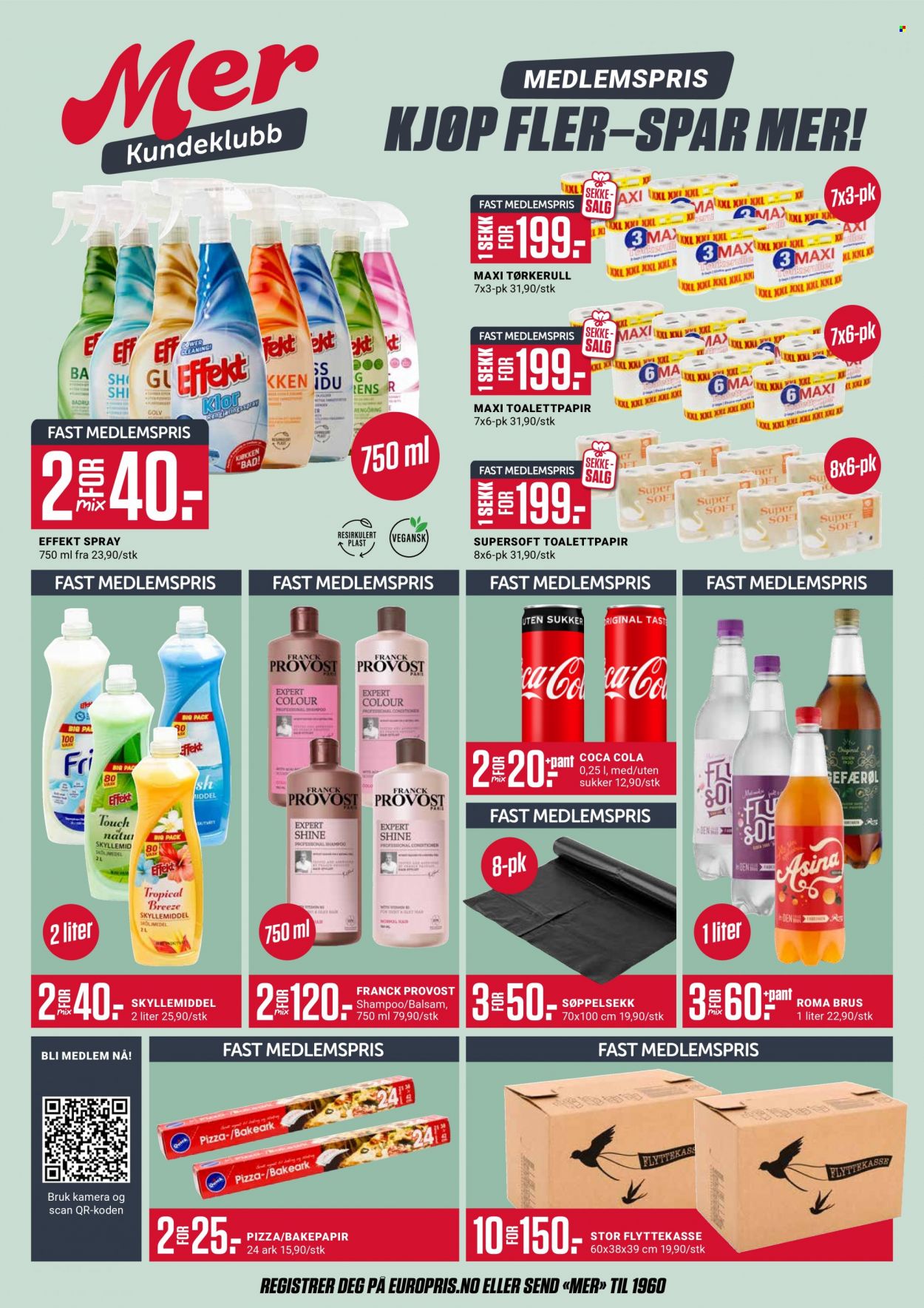 thumbnail - Kundeavis Europris - 20.9.2021 - 25.9.2021 - Produkter fra tilbudsaviser - Franck Provost, pizza, ris, Coca-Cola, toalettpapir, tørkerull, shampoo, flyttekasse. Side 9.