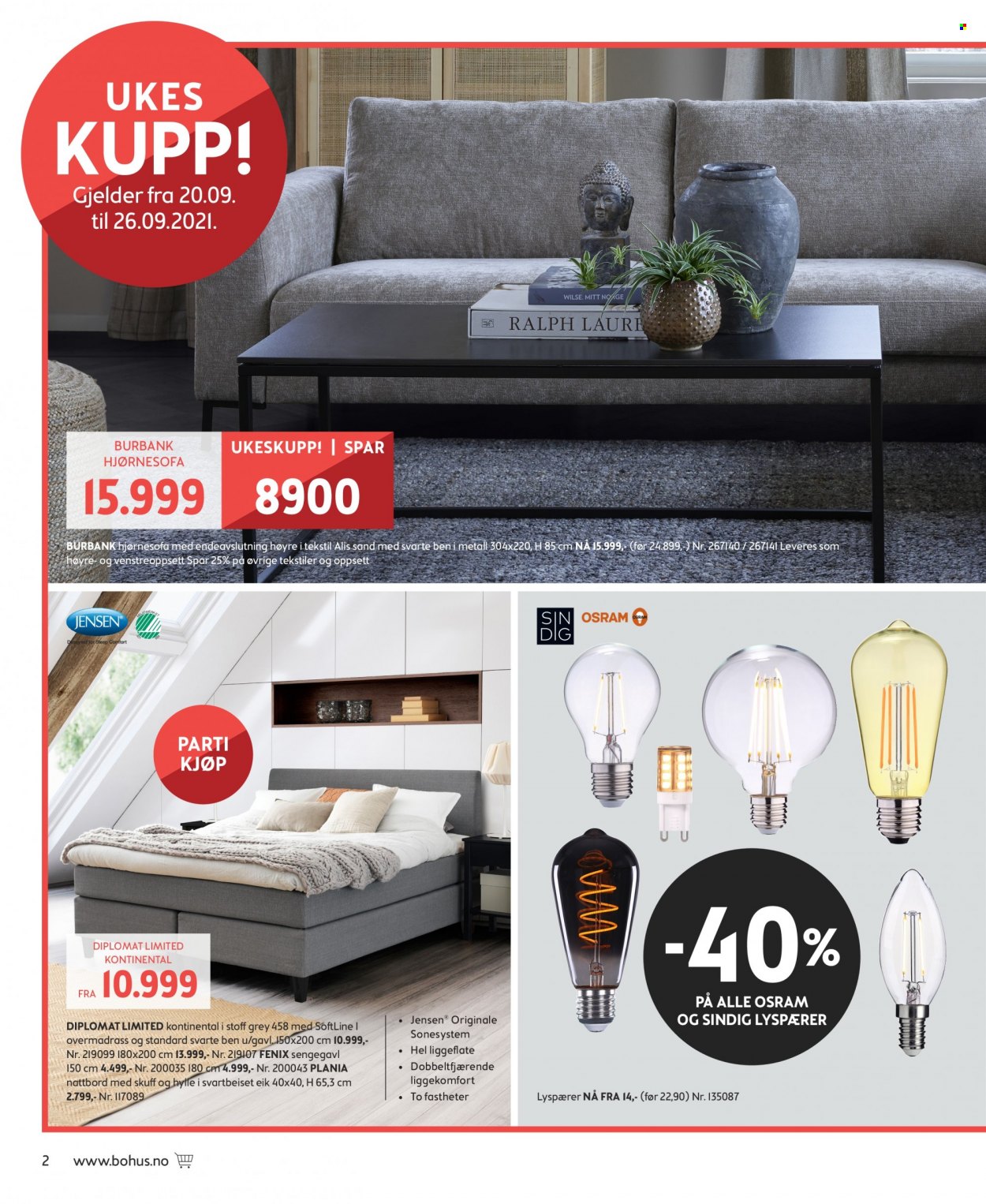 thumbnail - Kundeavis Bohus - 20.9.2021 - 24.10.2021 - Produkter fra tilbudsaviser - nattbord, Osram, hjørnesofa, sofa, hylle. Side 2.