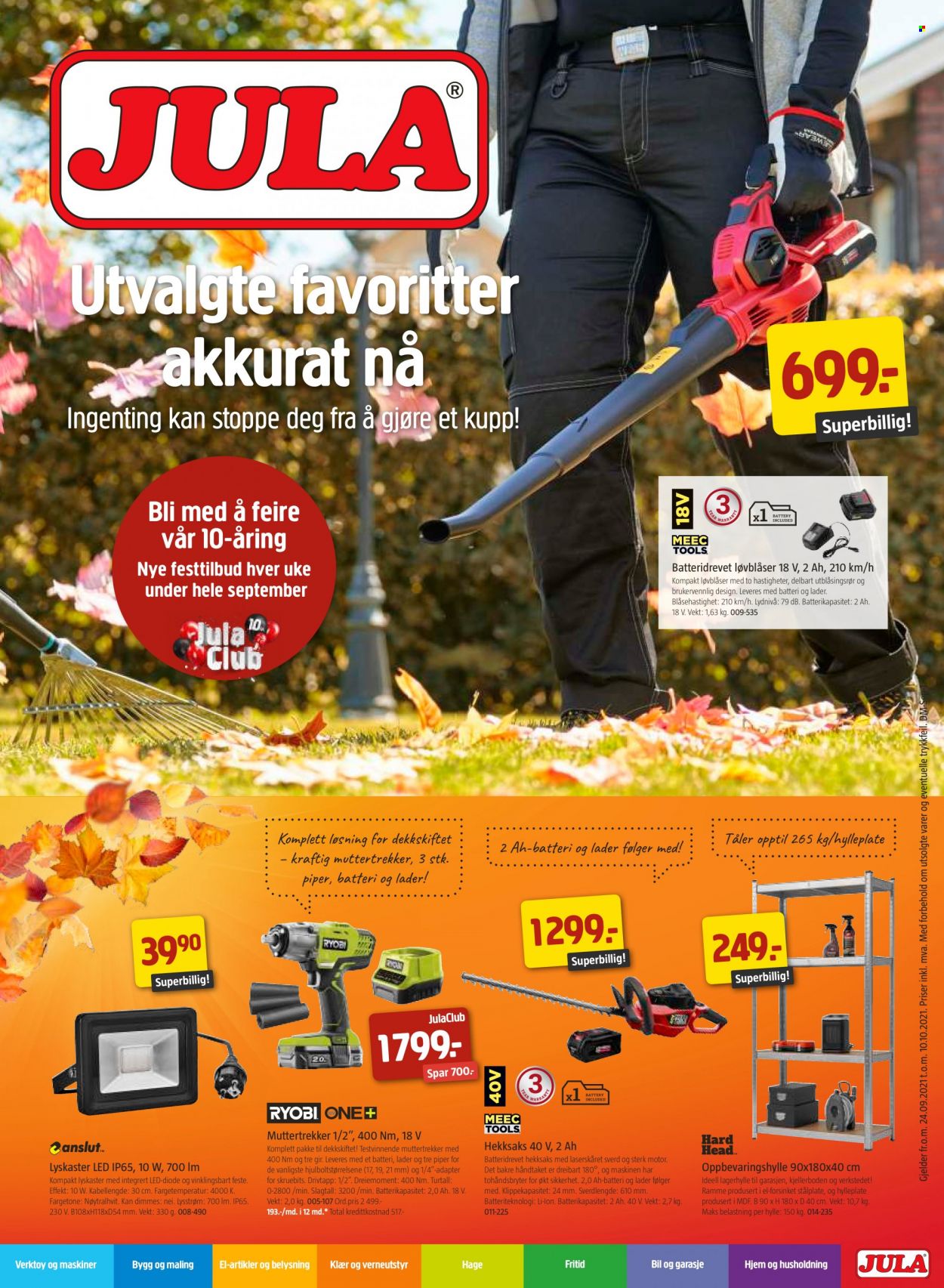 thumbnail - Kundeavis Jula - 24.9.2021 - 10.10.2021 - Produkter fra tilbudsaviser - løvblåser, verktøy, oppbevaringshylle. Side 1.