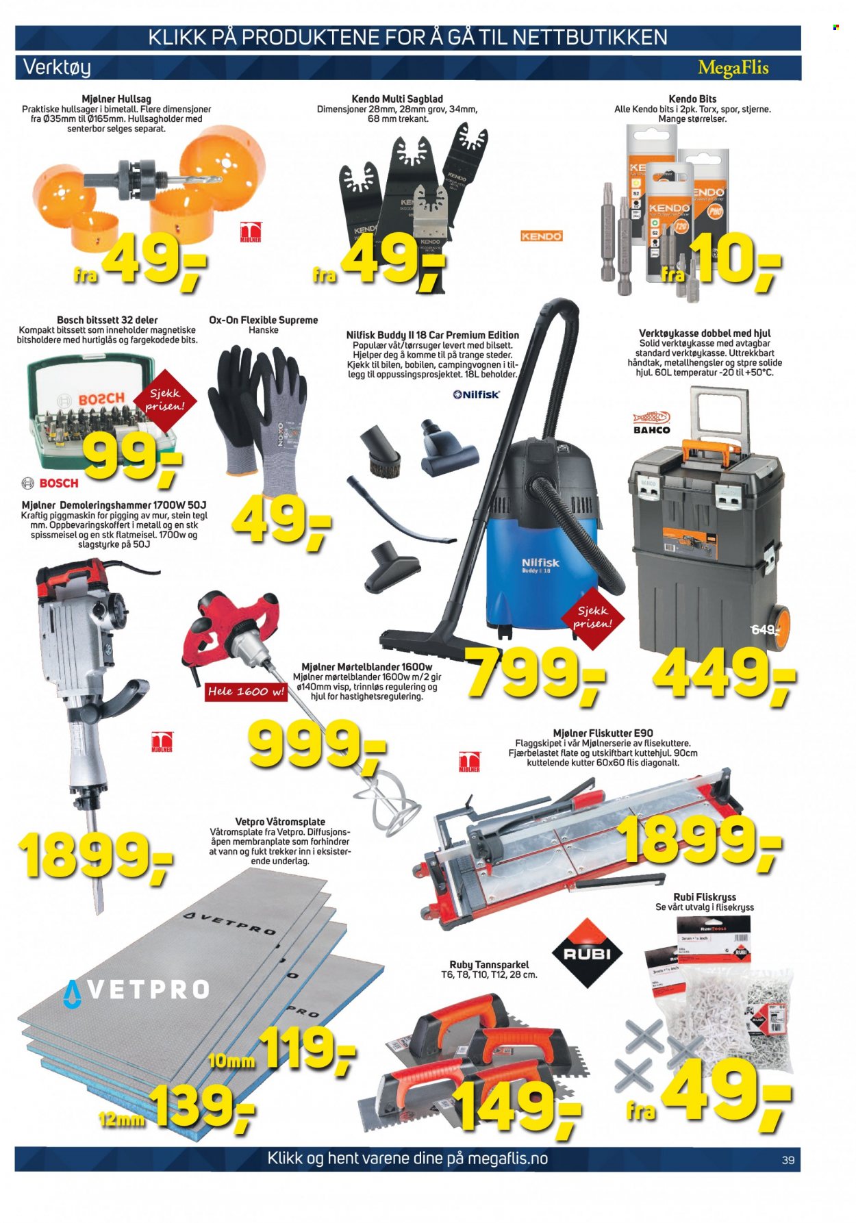 thumbnail - Kundeavis MegaFlis - 30.9.2021 - 16.10.2021 - Produkter fra tilbudsaviser - Bosch, tørrsuger, støvsuger, våtromsplate, bitssett, verktøy, verktøykasse, hansker. Side 39.