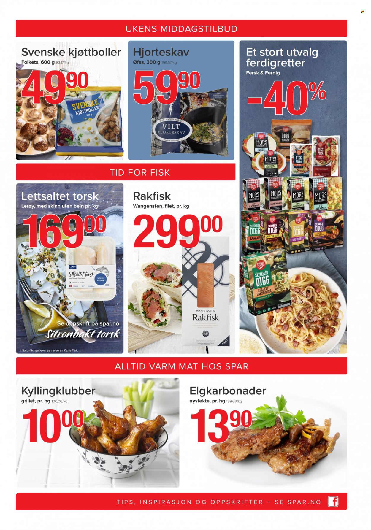 thumbnail - Kundeavis SPAR - 4.10.2021 - 10.10.2021 - Produkter fra tilbudsaviser - kyllingklubber, burger, kjøttboller, fisk, lasagne, pizza, svenske kjøttboller, curry. Side 3.