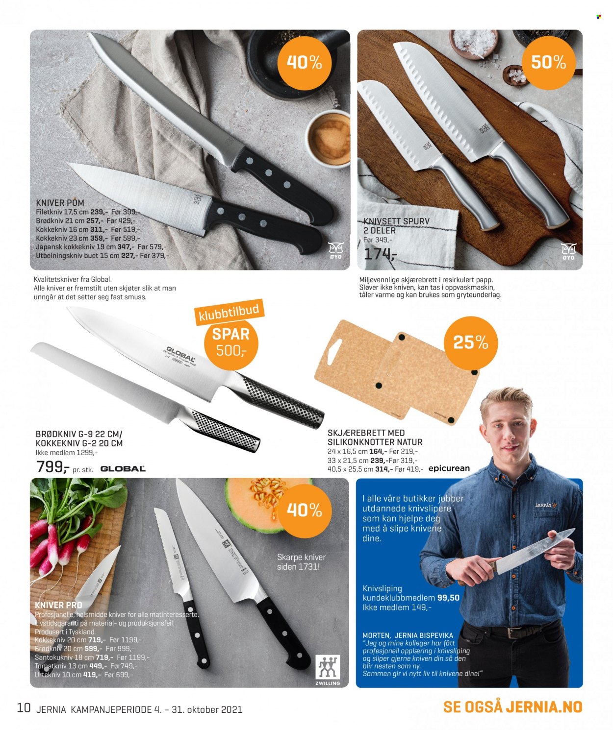 thumbnail - Kundeavis Jernia - 4.10.2021 - 31.10.2021 - Produkter fra tilbudsaviser - sliper, kniv, kokkekniv, skjærebrett. Side 10.