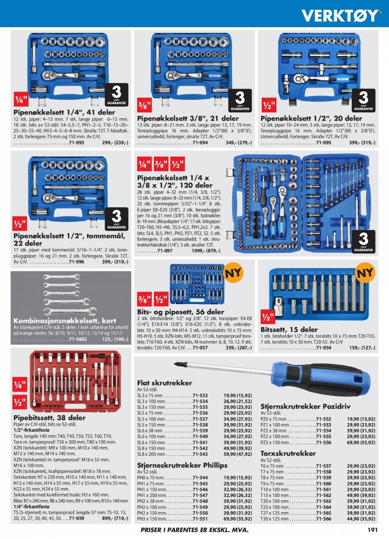 thumbnail - Kundeavis Biltema - Produkter fra tilbudsaviser - pipesett, bitspiper, bitssett, verktøy, skrutrekker. Side 191.