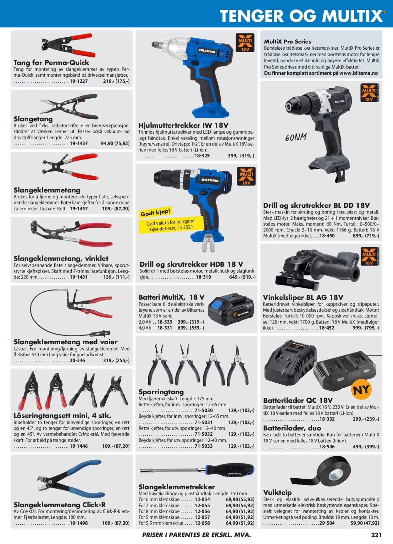 thumbnail - Kundeavis Biltema - Produkter fra tilbudsaviser - batterilader, lampe, drill, skrutrekker. Side 221.