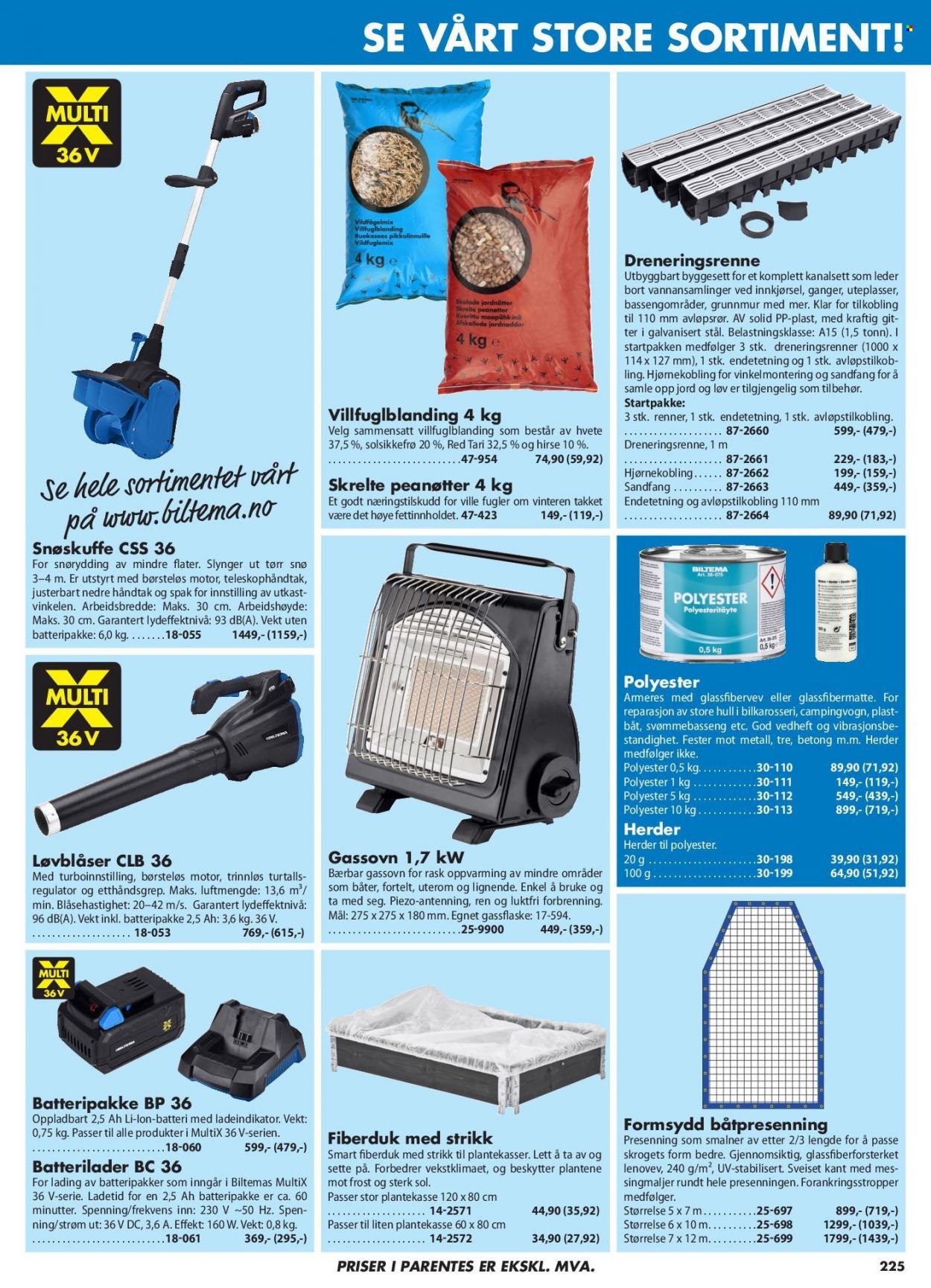 thumbnail - Kundeavis Biltema - Produkter fra tilbudsaviser - batterilader, løvblåser, presenning, svømmebasseng, snøskuffe. Side 225.