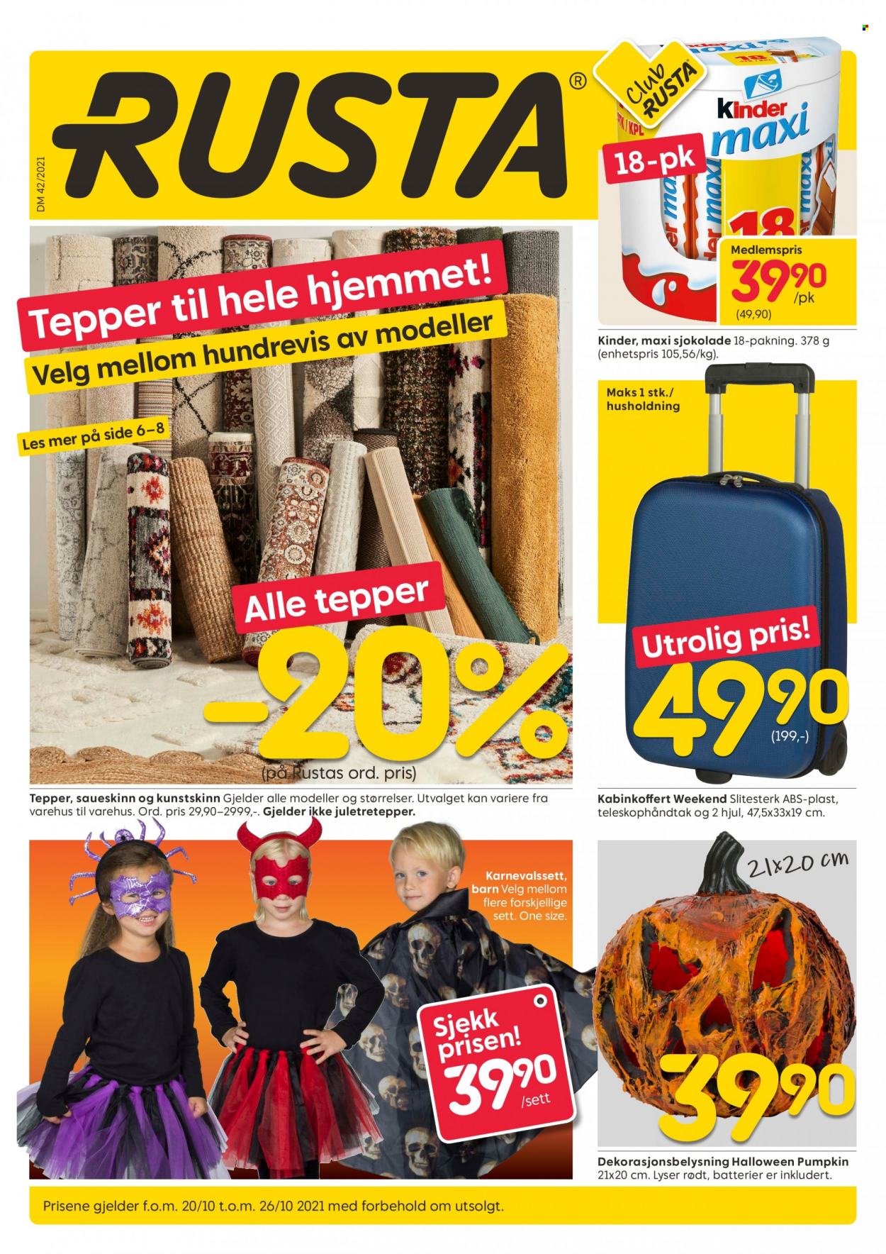 thumbnail - Kundeavis Rusta - 20.10.2021 - 26.10.2021 - Produkter fra tilbudsaviser - sjokolade, teppe. Side 1.