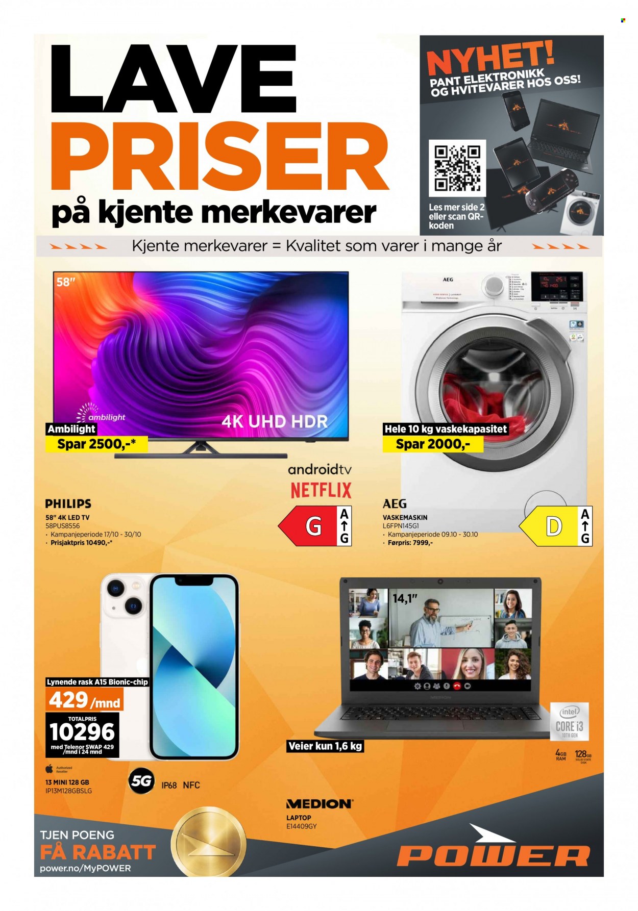thumbnail - Kundeavis Power - 23.10.2021 - 30.10.2021 - Produkter fra tilbudsaviser - Philips, LED TV, laptop, vaskemaskin. Side 1.