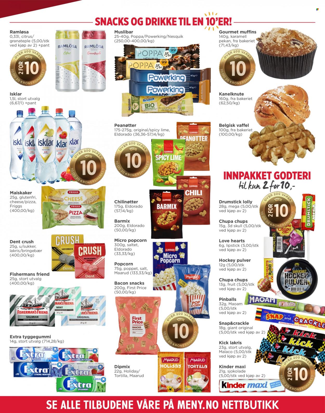 thumbnail - Kundeavis MENY - 1.11.2021 - 6.11.2021 - Produkter fra tilbudsaviser - bringebær, maiskaker, tortilla, muffins, pizza, bacon, tyggegummi, sjokolade, popcorn, sukker, peanøtter. Side 7.