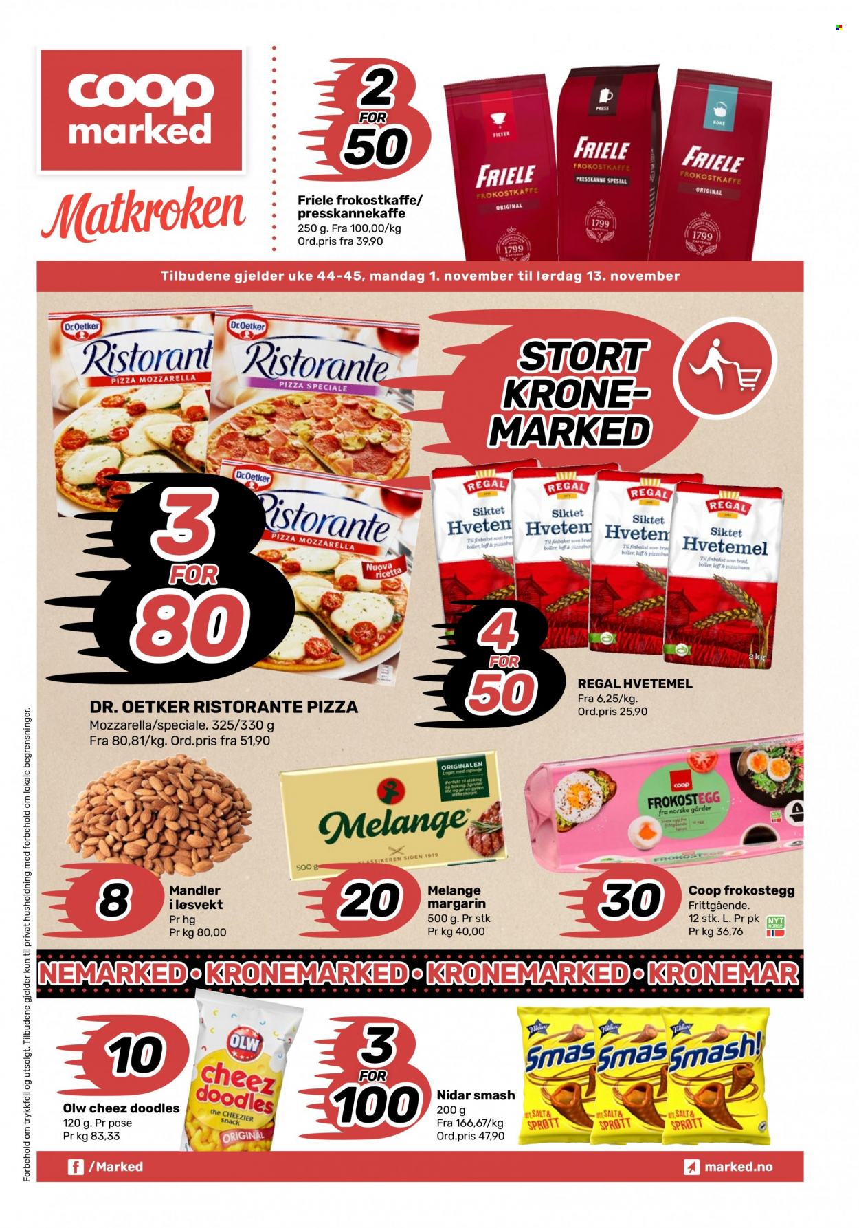 thumbnail - Kundeavis Coop Marked - 1.11.2021 - 13.11.2021 - Produkter fra tilbudsaviser - pizza, Dr.Oetker, margarin, Ristorante pizza, hvetemel. Side 1.