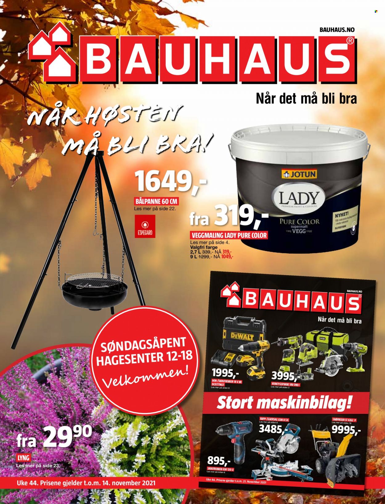 thumbnail - Kundeavis Bauhaus - 2.11.2021 - 14.11.2021 - Produkter fra tilbudsaviser - Espegard, Jotun, veggmaling, skrutrekker, bålpanne. Side 1.