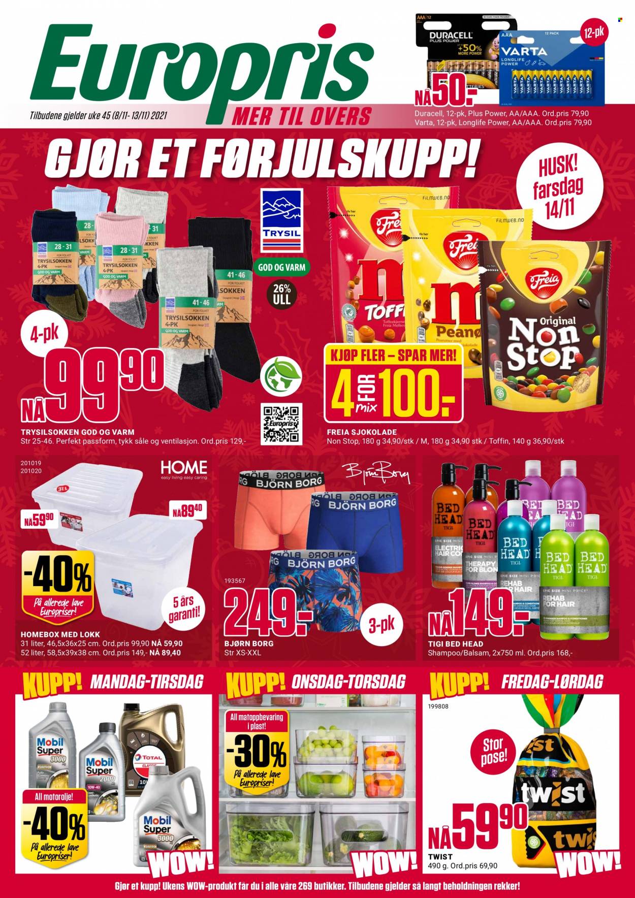 thumbnail - Kundeavis Europris - 8.11.2021 - 13.11.2021 - Produkter fra tilbudsaviser - sjokolade, Freia, shampoo. Side 1.