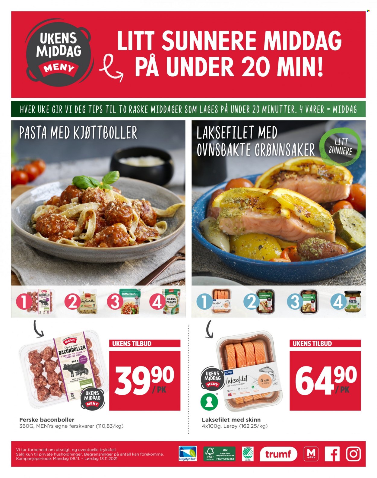 thumbnail - Kundeavis MENY - 8.11.2021 - 13.11.2021 - Produkter fra tilbudsaviser - kjøttboller, laksefilet, pizza, Grana Padano, tomatsaus, pasta, tagliatelle. Side 8.