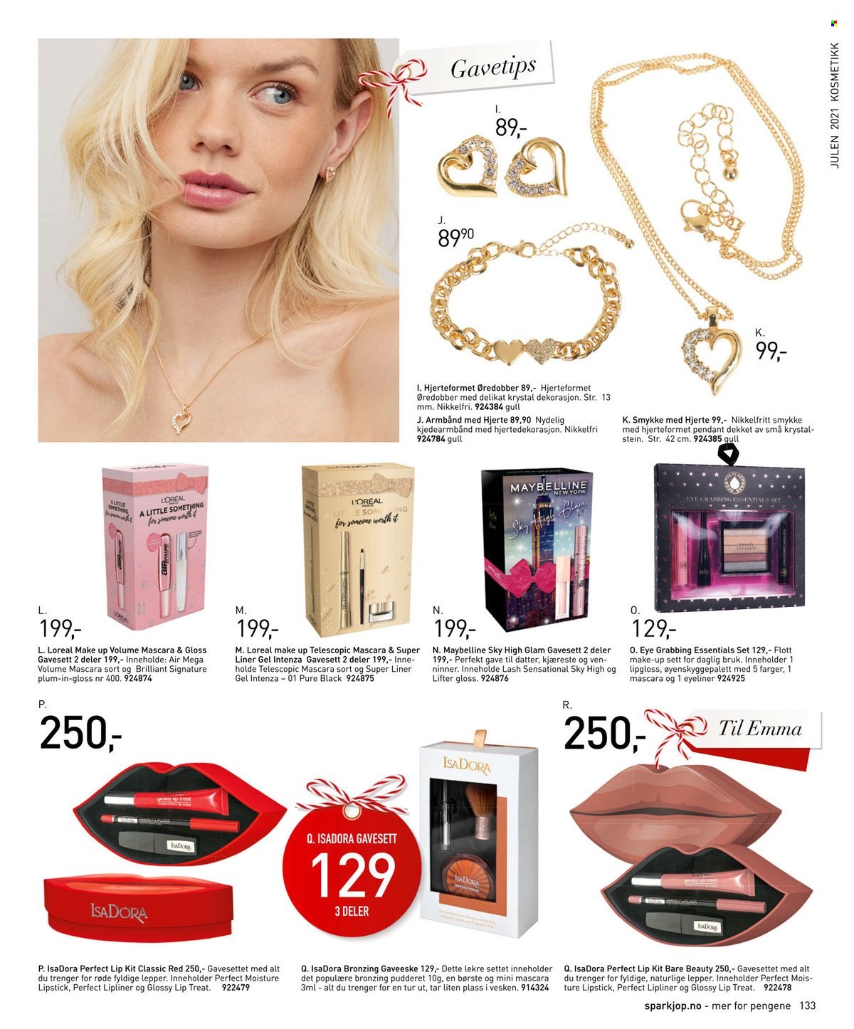thumbnail - Kundeavis Sparkjøp - 4.11.2021 - 23.12.2021 - Produkter fra tilbudsaviser - L’Oréal, lipgloss, leppestift, makeup, mascara, Maybelline, armbånd, øredobber, pendant, smykke. Side 133.