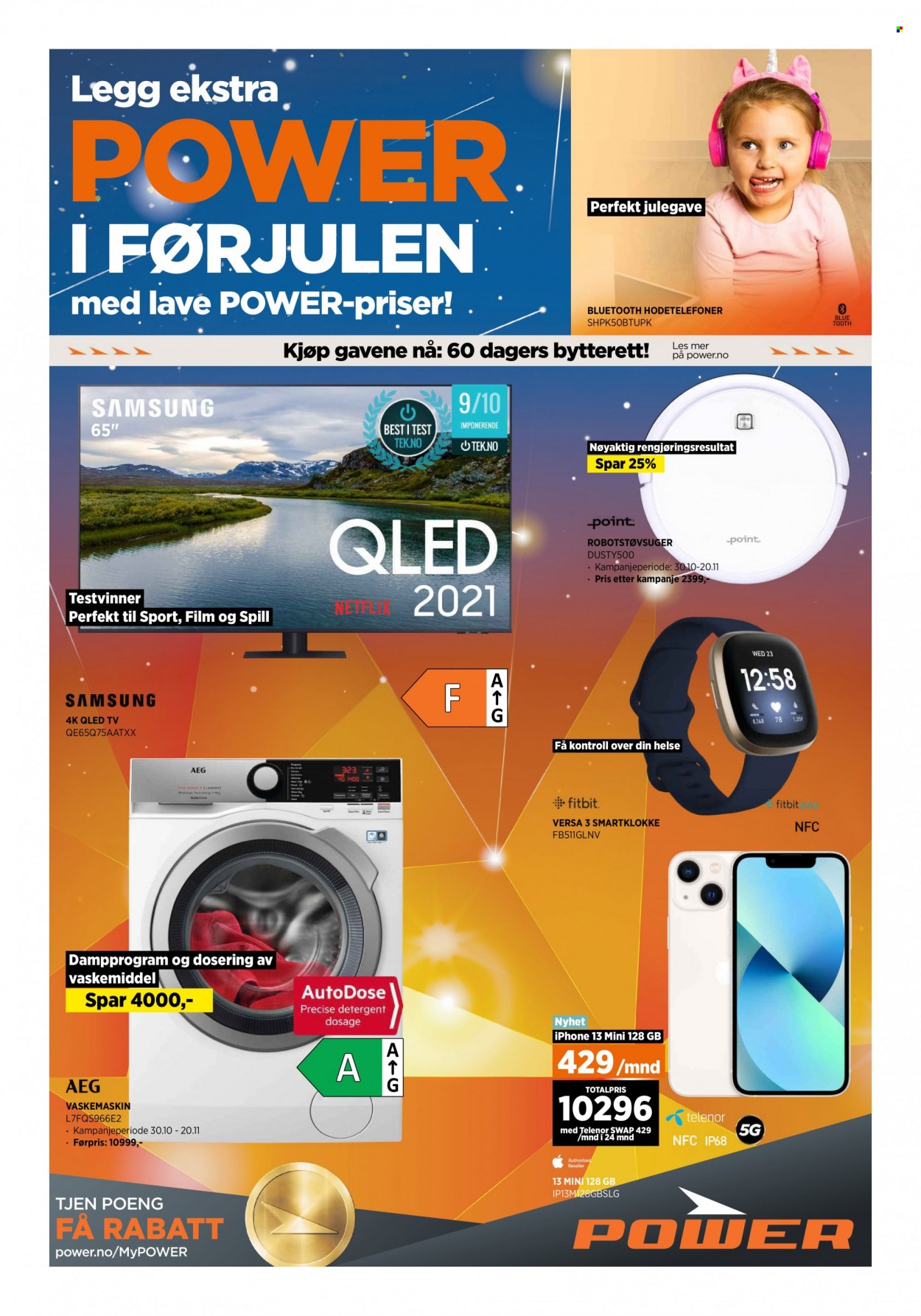 thumbnail - Kundeavis Power - 13.11.2021 - 21.11.2021 - Produkter fra tilbudsaviser - Samsung, QLED TV, iPhone, iPhone 13, Fitbit, smartklokke, vaskemaskin, robotstøvsuger. Side 1.