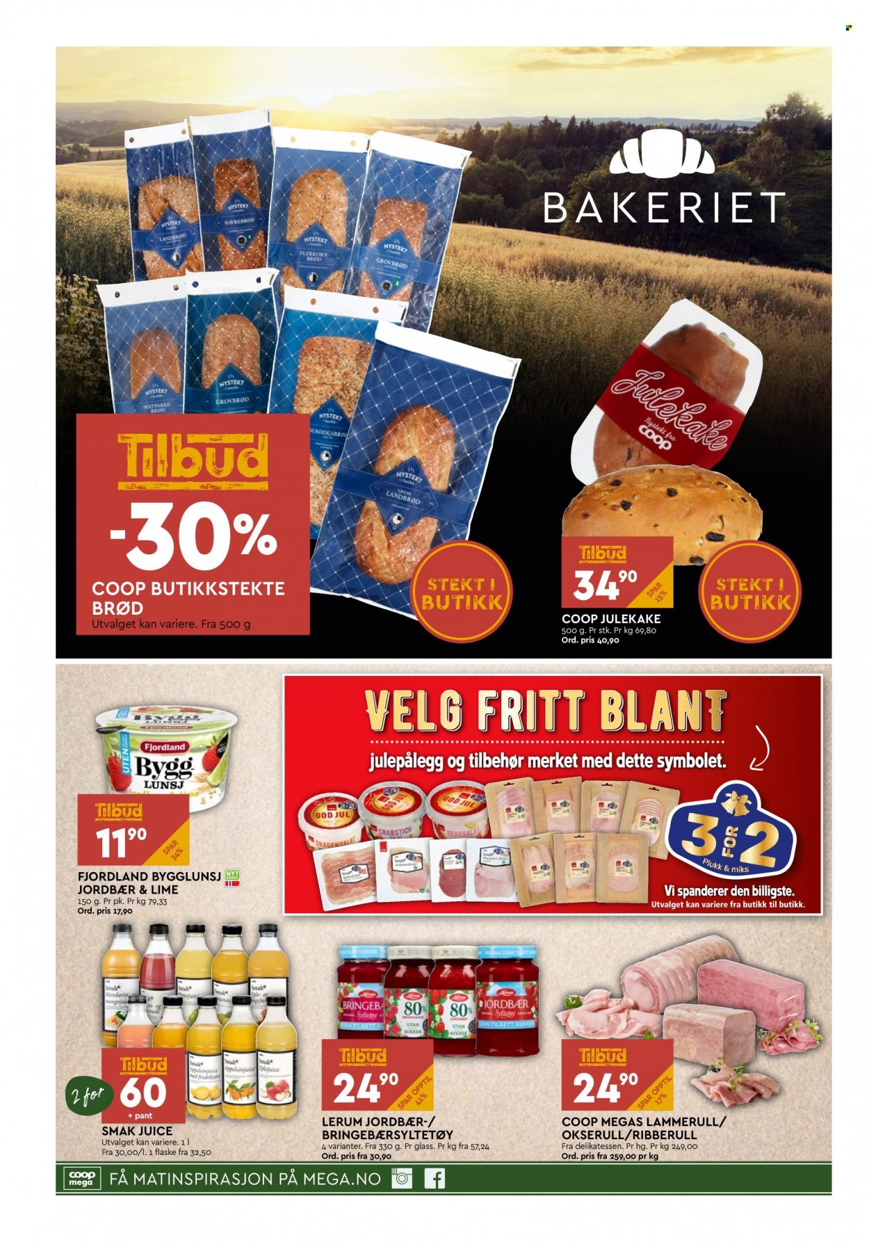 thumbnail - Kundeavis Coop Mega - 22.11.2021 - 27.11.2021 - Produkter fra tilbudsaviser - jordbær, brød, landbrød, julekake, Fjordland, sukker, bringebærsyltetøy. Side 4.