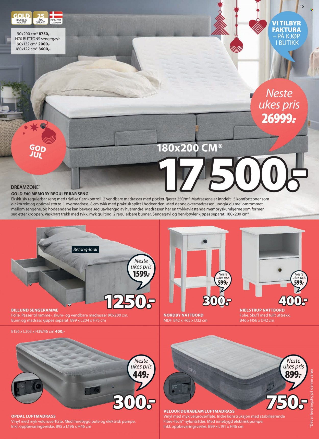 thumbnail - Kundeavis JYSK - 29.11.2021 - 4.12.2021 - Produkter fra tilbudsaviser - nattbord, pute, regulerbar seng, seng, madrass. Side 15.