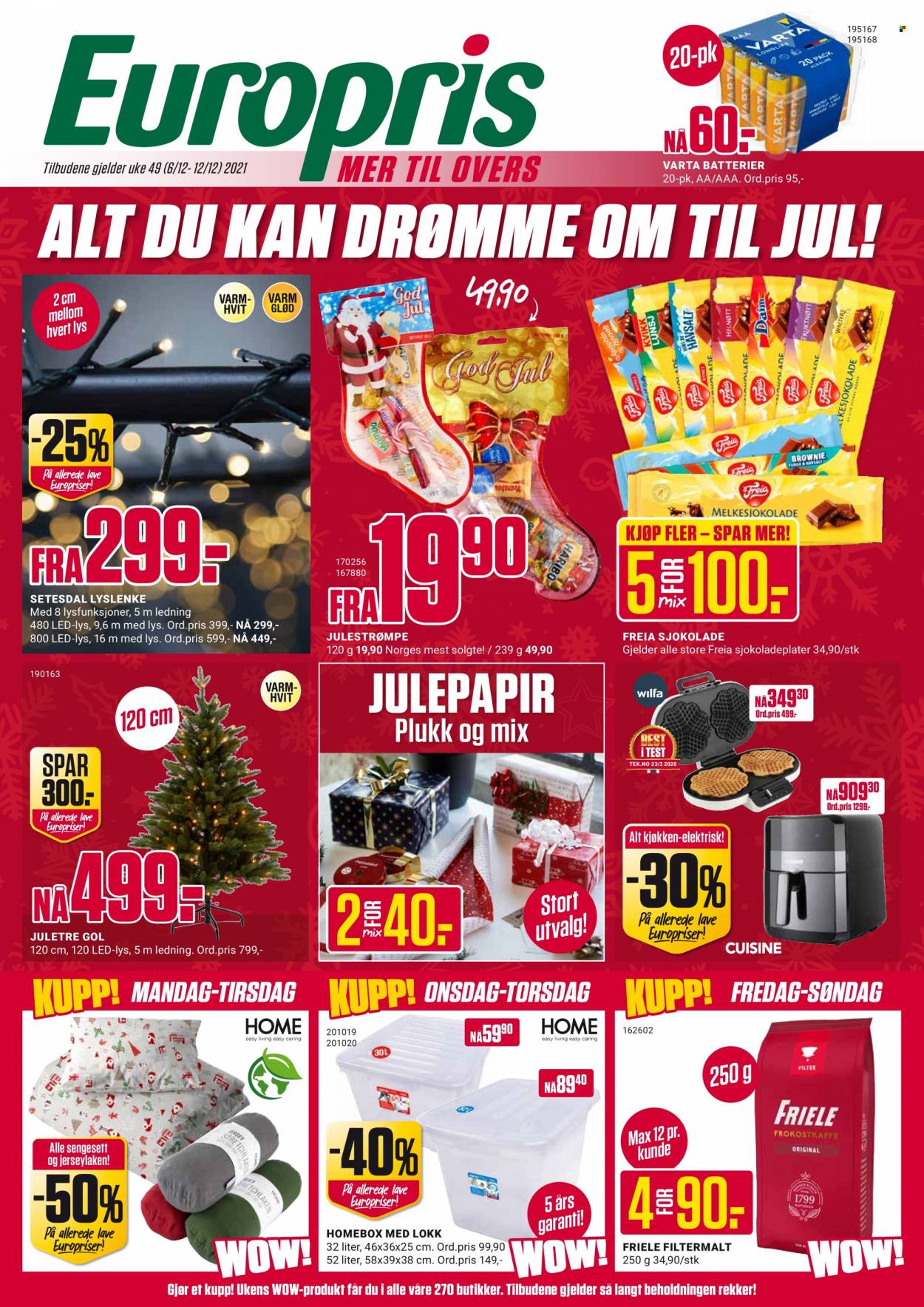 thumbnail - Kundeavis Europris - 6.12.2021 - 12.12.2021 - Produkter fra tilbudsaviser - sjokolade, Freia, juletre. Side 1.