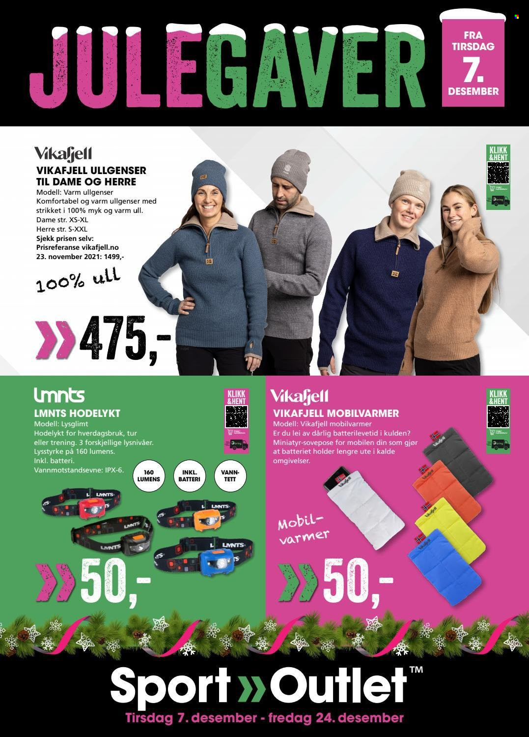 thumbnail - Kundeavis Sport Outlet - 7.12.2021 - 24.12.2021 - Produkter fra tilbudsaviser - vann, genser, strikkegenser, ullgenser, sovepose. Side 1.