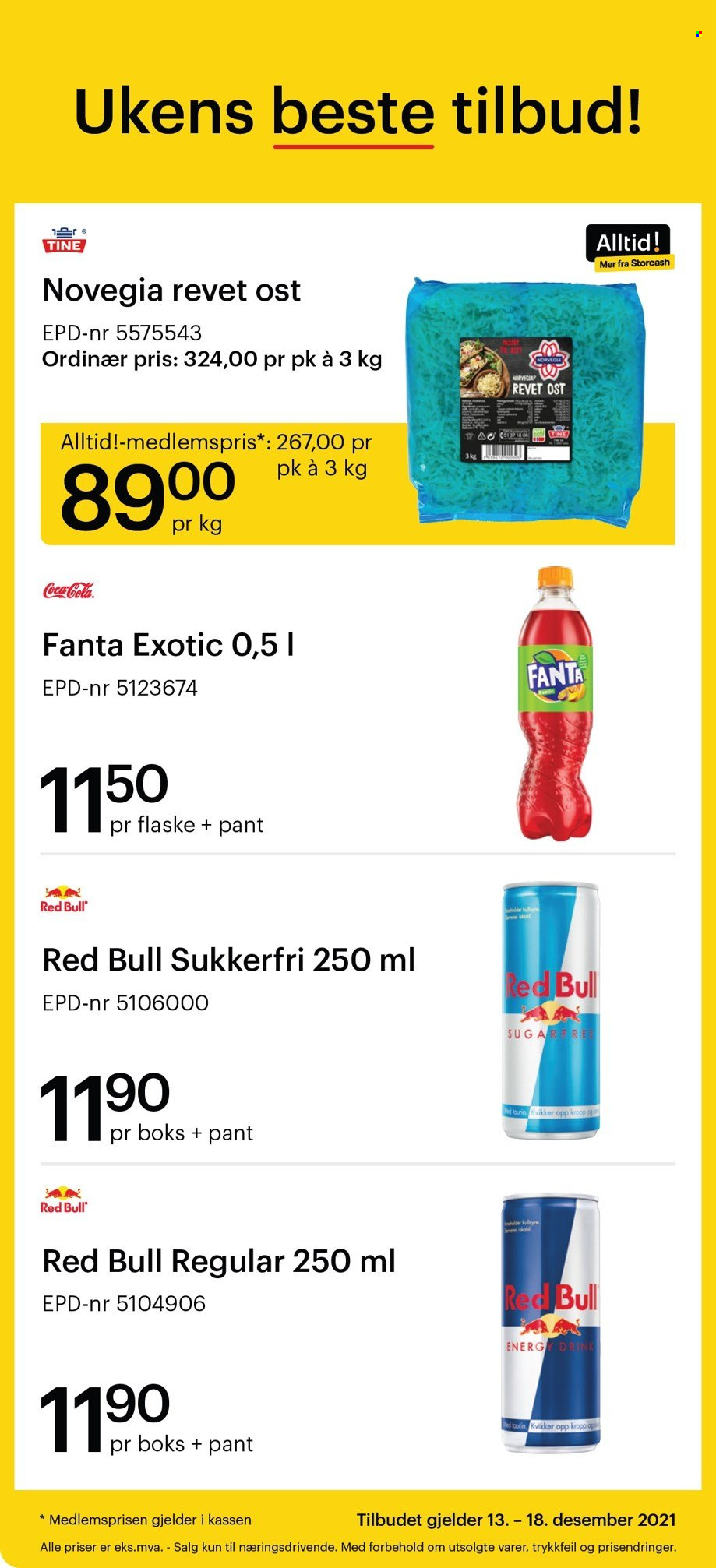 thumbnail - Kundeavis Storcash - 13.12.2021 - 18.12.2021 - Produkter fra tilbudsaviser - ost, Fanta, Red Bull, Coca-Cola. Side 1.