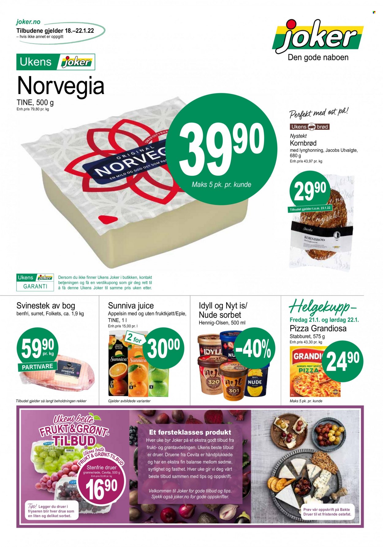thumbnail - Kundeavis Joker - 18.1.2022 - 22.1.2022 - Produkter fra tilbudsaviser - svinestek, brød, pizza, Norvegia, sorbet. Side 1.