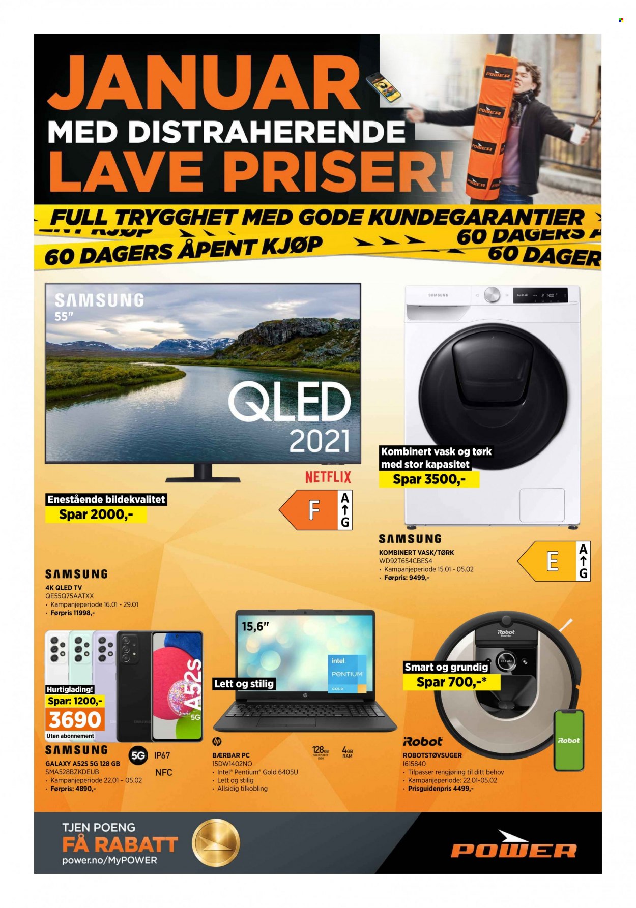 thumbnail - Kundeavis Power - 22.1.2022 - 29.1.2022 - Produkter fra tilbudsaviser - Samsung, QLED TV, HP, laptop, kombinert vask/tørk, robotstøvsuger. Side 1.