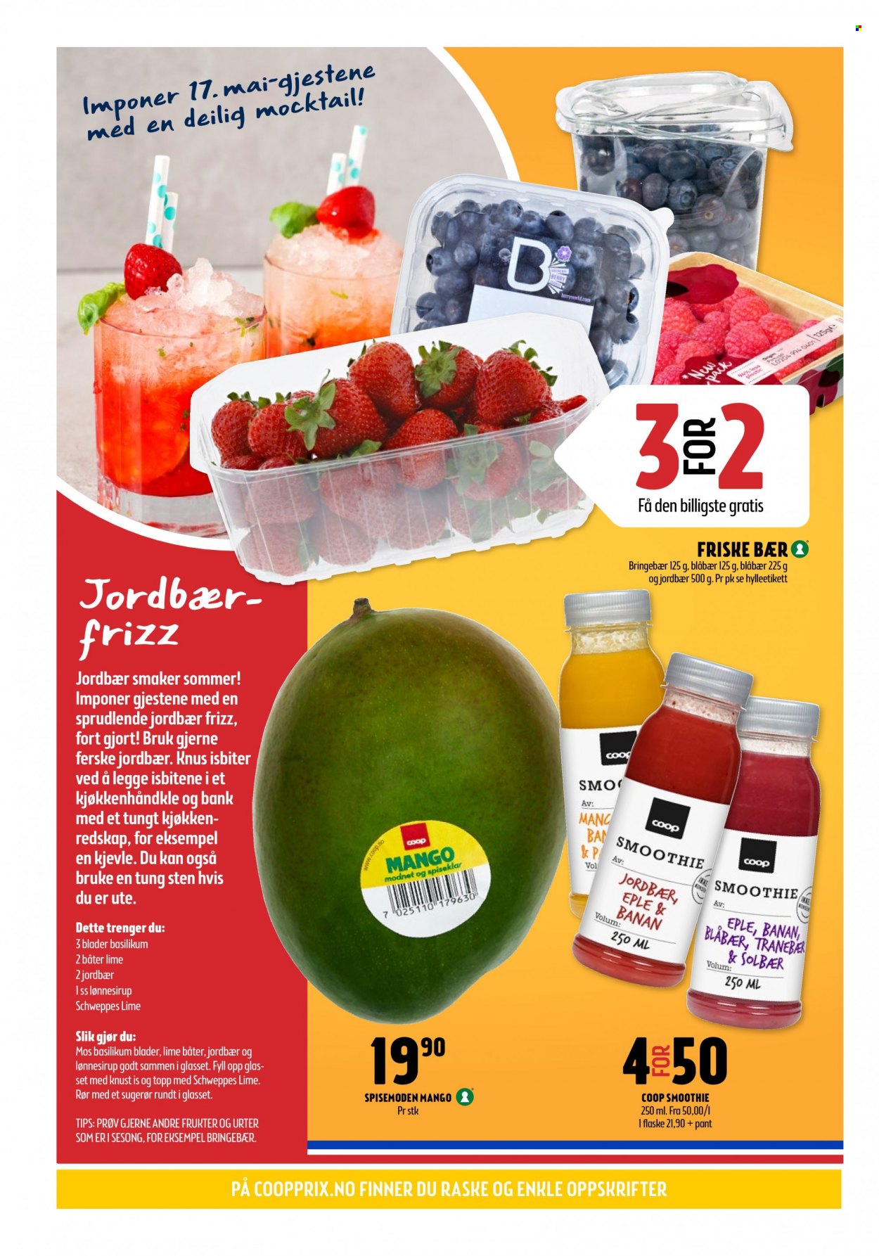 thumbnail - Kundeavis Coop Prix - 9.5.2022 - 22.5.2022 - Produkter fra tilbudsaviser - blåbær, jordbær, Schweppes, smoothie, redskap. Side 2.