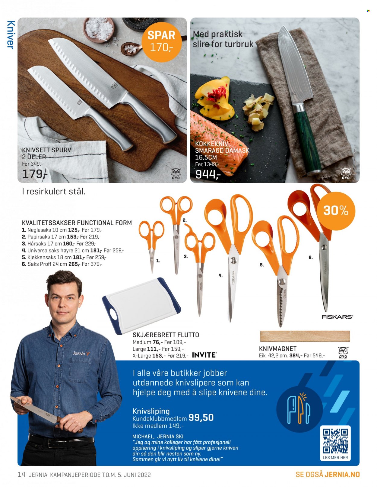 thumbnail - Kundeavis Jernia - 9.5.2022 - 5.6.2022 - Produkter fra tilbudsaviser - sliper, kniv, kokkekniv, skjærebrett. Side 14.
