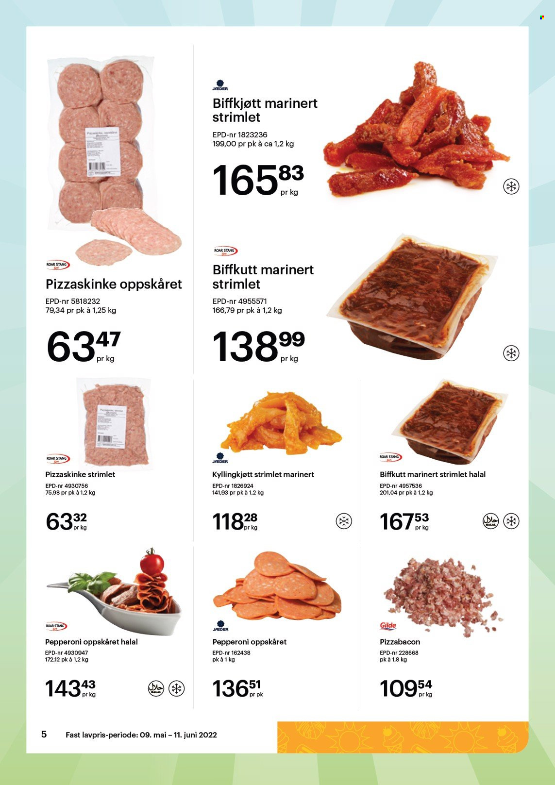 thumbnail - Kundeavis Storcash - 9.5.2022 - 11.6.2022 - Produkter fra tilbudsaviser - kyllingkjøtt, biffkjøtt, storfekjøtt, pepperoni. Side 5.