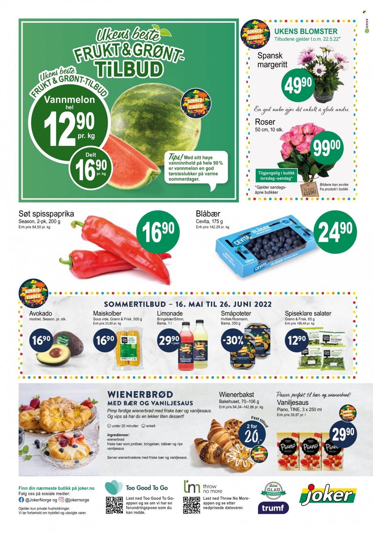 thumbnail - Kundeavis Joker - 18.5.2022 - 21.5.2022 - Produkter fra tilbudsaviser - blåbær, bringebær, jordbær, melon, vannmelon, avokado, vaniljesaus, Rips, blomster. Side 8.