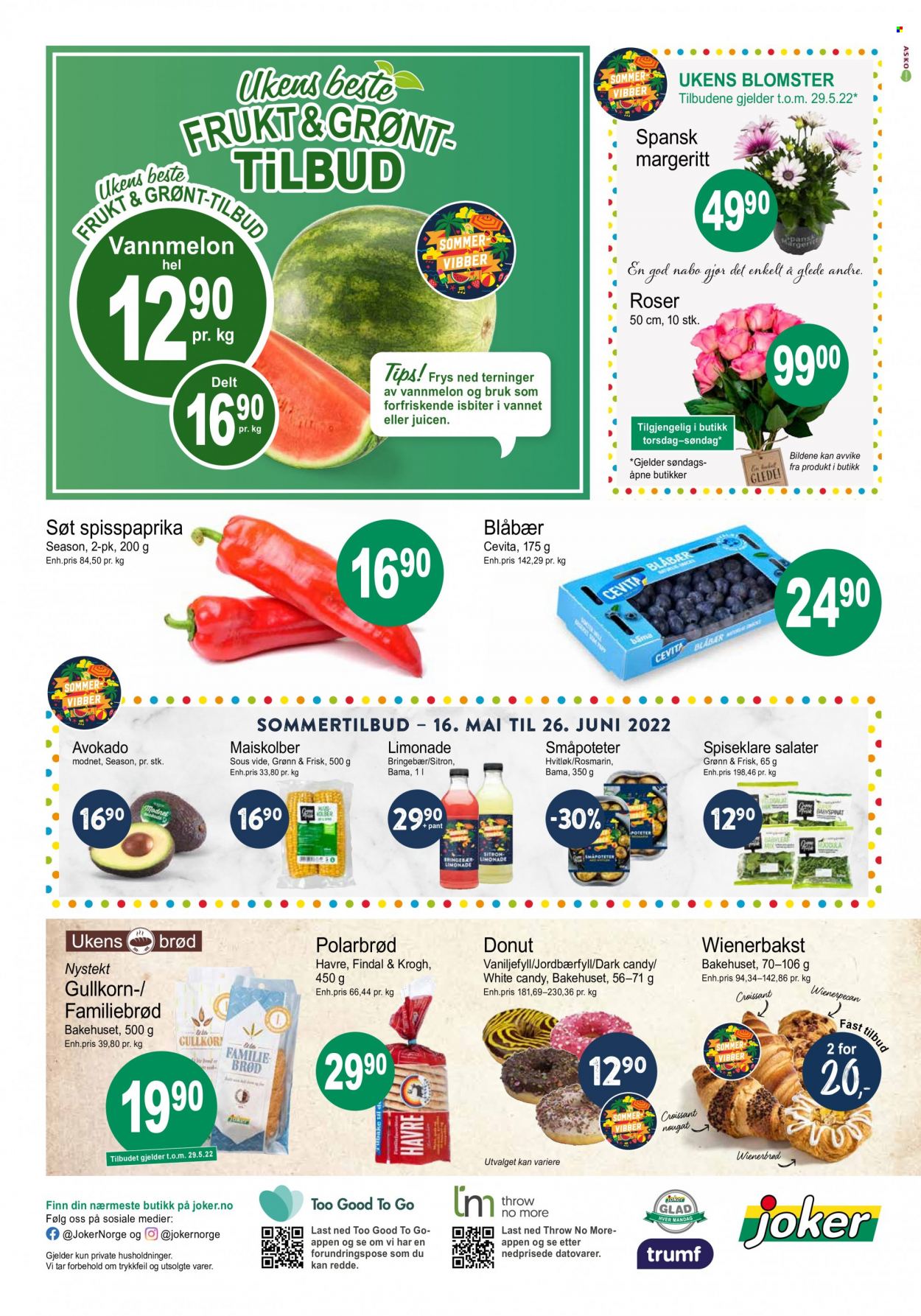 thumbnail - Kundeavis Joker - 24.5.2022 - 28.5.2022 - Produkter fra tilbudsaviser - blåbær, bringebær, melon, vannmelon, havre, avokado, hvitløk, salat, brød, croissants, nougat, blomster. Side 4.