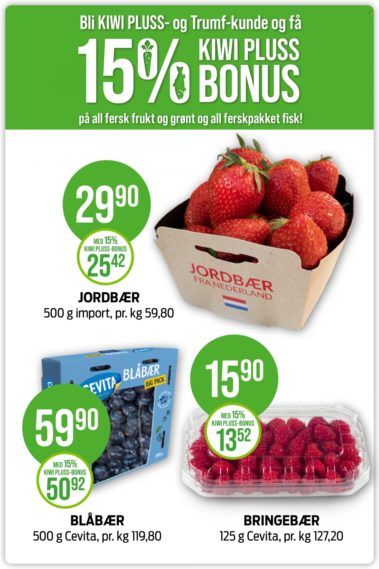 thumbnail - Kundeavis KIWI - Produkter fra tilbudsaviser - blåbær, bringebær, jordbær, fisk. Side 21.