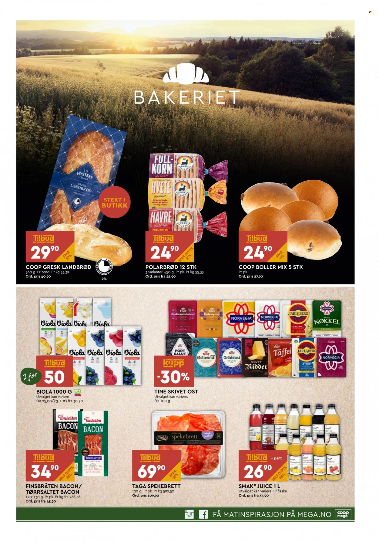 thumbnail - Kundeavis Coop Mega - 23.5.2022 - 28.5.2022 - Produkter fra tilbudsaviser - havre, brød, landbrød, bacon, Norvegia, Jarlsberg, ost, Biola. Side 3.