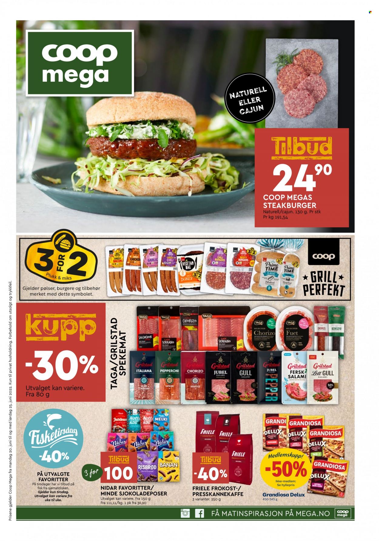 thumbnail - Kundeavis Coop Mega - 20.6.2022 - 25.6.2022 - Produkter fra tilbudsaviser - burger, fisk, bacon, chorizo, salami, spekemat, pepperoni. Side 1.