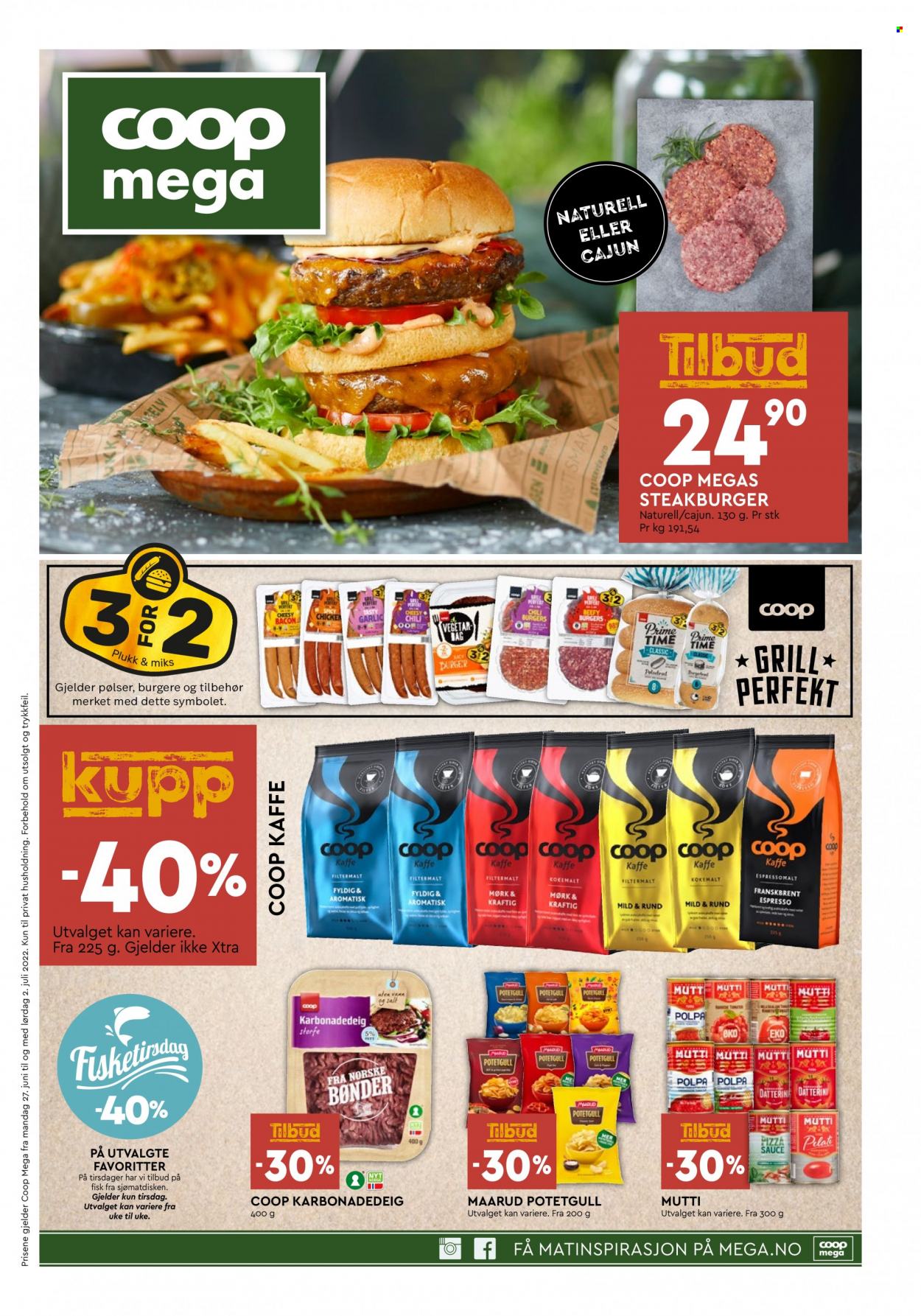 thumbnail - Kundeavis Coop Mega - 27.6.2022 - 2.7.2022 - Produkter fra tilbudsaviser - burger, karbonadedeig, fisk, pizza. Side 1.
