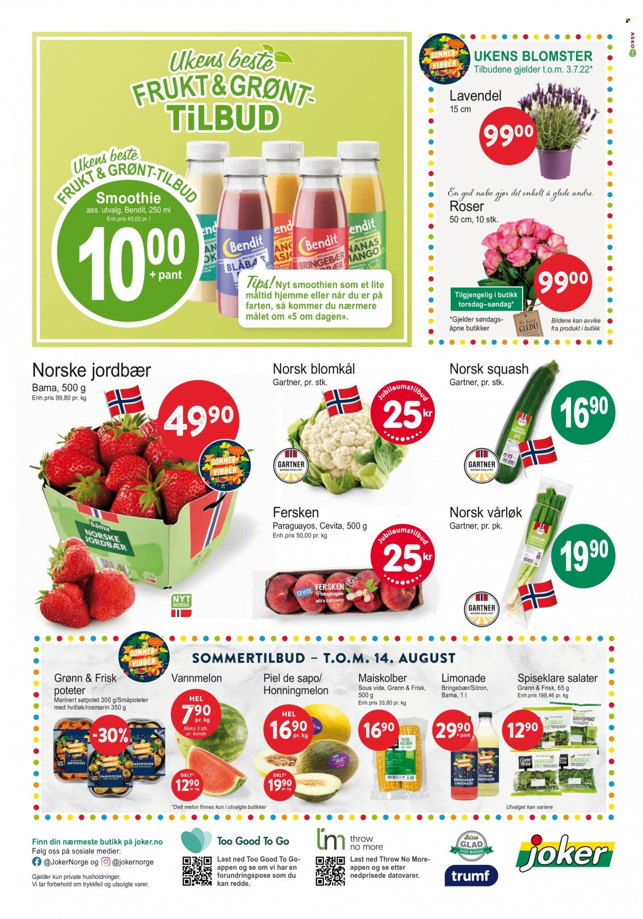 thumbnail - Kundeavis Joker - 28.6.2022 - 2.7.2022 - Produkter fra tilbudsaviser - honningmelon, jordbær, vannmelon, blomkål, vårløk, smoothie, blomster. Side 8.