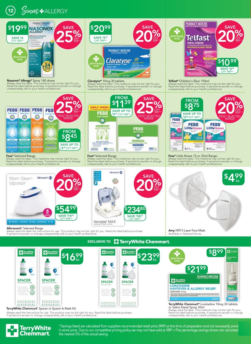 thumbnail - TerryWhite Chemmart Catalogue - 21 Jan 2021 - 9 Feb 2021 - Sales products - Claratyne, nasal spray, allergy relief, Telfast, face mask. Page 12.