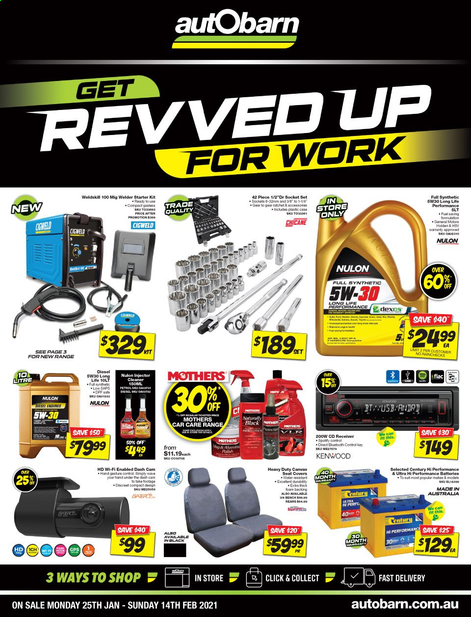 thumbnail - Autobarn Catalogue - 25 Jan 2021 - 14 Feb 2021 - Sales products - dashboard camera, car seat cover, Kenwood, injector cleaner, polish, cleaner, Nulon. Page 1.