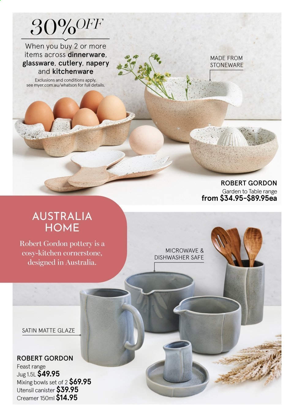 thumbnail - Myer Catalogue - Sales products - dinnerware set, glassware set, canister, stoneware, satin sheets, microwave, dishwasher. Page 4.