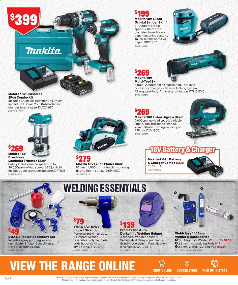 thumbnail - Mitre 10 Catalogue - 3 Feb 2021 - 14 Feb 2021 - Sales products - hook, duster, spray gun, paper, switch, drill, hammer, Makita, planer, holder, wrench, combo kit, welding helmet, welding rods, welder. Page 2.