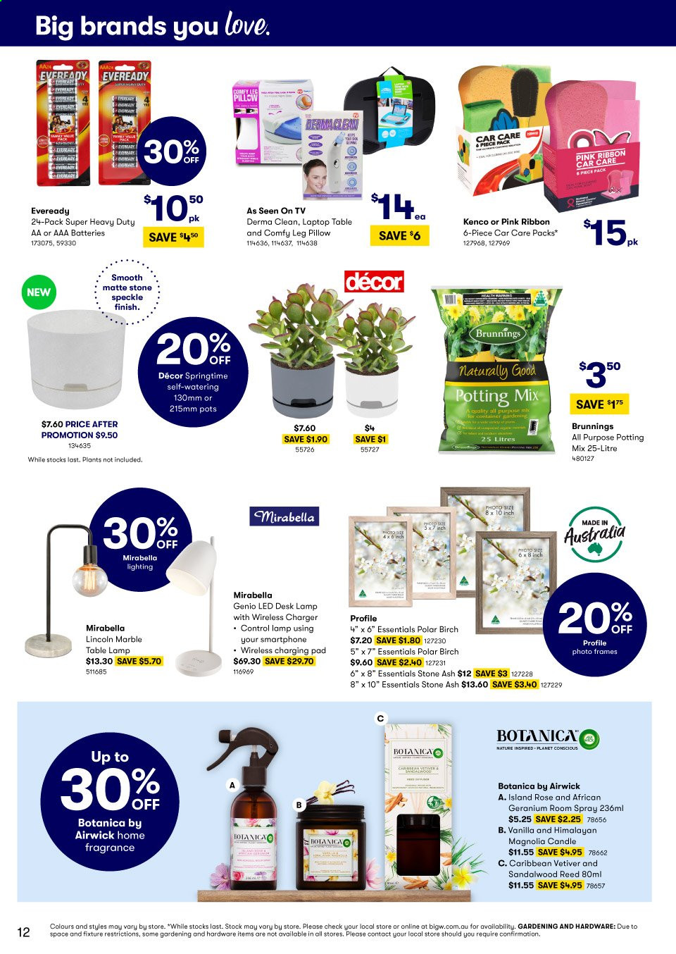 thumbnail - BIG W Catalogue - 11 Feb 2021 - 24 Feb 2021 - Sales products - fragrance, pot, candle, Air Wick, AAA batteries, Eveready, ribbon, pillow, smartphone, TV, lamp, table lamp, rose, potting mix, photo frame. Page 12.