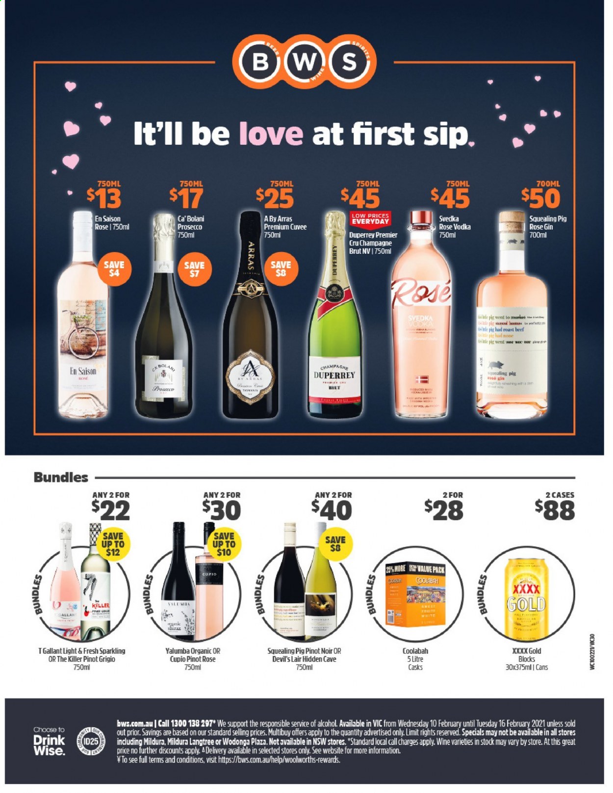 thumbnail - BWS Catalogue - 10 Feb 2021 - 16 Feb 2021 - Sales products - champagne, prosecco, wine, Pinot Noir, Cuvée, alcohol, Pinot Grigio, gin, vodka, beer. Page 1.