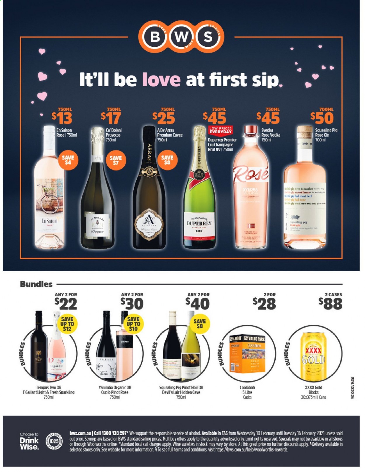thumbnail - BWS Catalogue - 10 Feb 2021 - 16 Feb 2021 - Sales products - champagne, prosecco, wine, Pinot Noir, Cuvée, alcohol, gin, vodka, beer. Page 1.