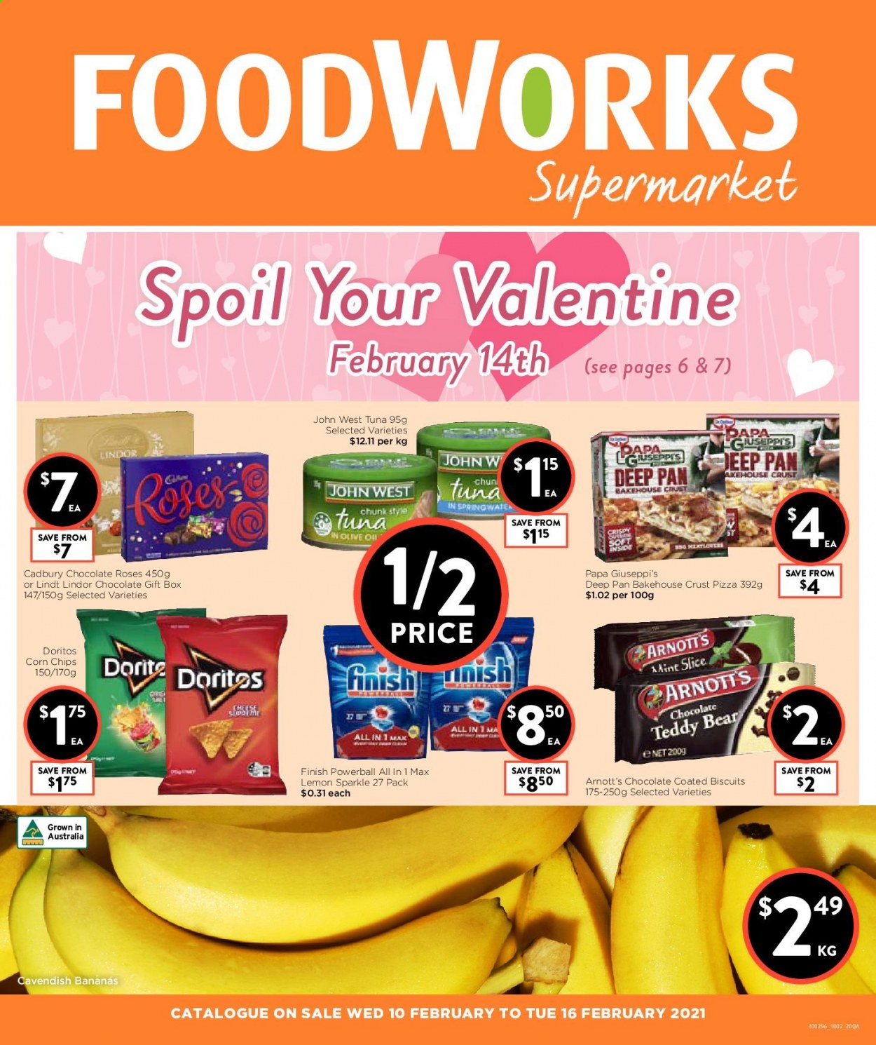 thumbnail - Foodworks Catalogue - 10 Feb 2021 - 16 Feb 2021 - Sales products - bananas, tuna, pizza, chocolate, Lindt, Lindor, biscuit, Cadbury, Doritos, chips, corn chips, Finish Powerball, pan, gift box. Page 1.