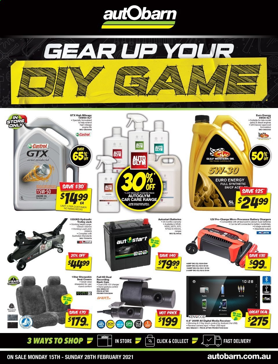 thumbnail - Autobarn Catalogue - 15 Feb 2021 - 28 Feb 2021 - Sales products - dashboard camera, car seat cover, battery charger, Kenwood, motor oil, Castrol. Page 1.